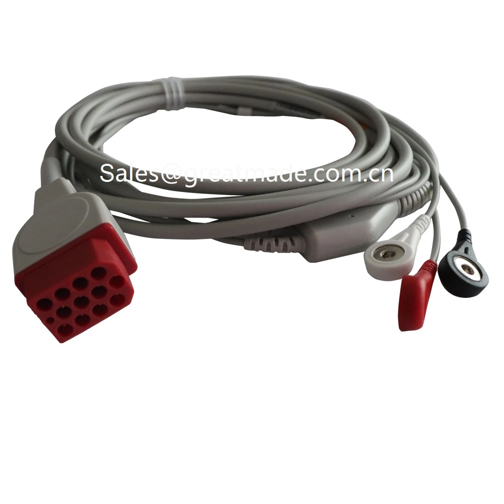Kompatibles Bionet BM3 BM5 einteiliges EKG-Kabel mit Ableitungsdrähten, AHA, 3 Ableitungen, Schnappverschluss, rot, 12-polig